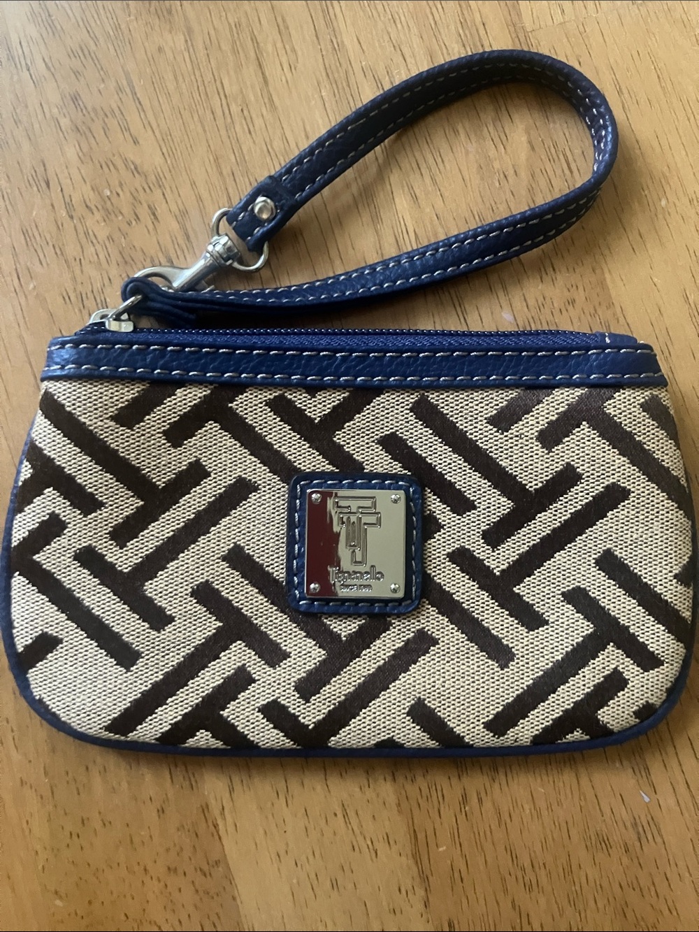 Tignanello Beige and Navy Patterned Wristlet Clutch